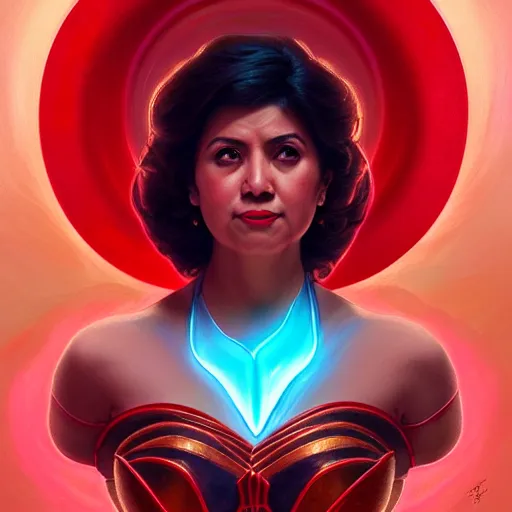 Image similar to leni robredo as darna, volumetric lights, red and cyan theme, art nouveau botanicals, intricate, highly detailed, digital painting, artstation, concept art, smooth, sharp focus, cinematic, illustration, beautiful face, art by artgerm and greg rutkowski and alphonse mucha