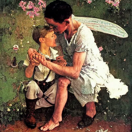 Prompt: A man and his little fairy friend. A painting by Norman Rockwell.