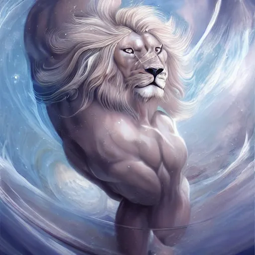 Image similar to aesthetic portrait commission of a albino muscular and attractive anthro lion floating inside a floating soap bubble like as if it was in the womb in a blue cloudy sky with clouds orbiting the bubble like a planet, minimalistic art, hyperdetailed. Character design by charlie bowater, ross tran, artgerm, and makoto shinkai, detailed, inked, western comic book art, 2021 award winning painting