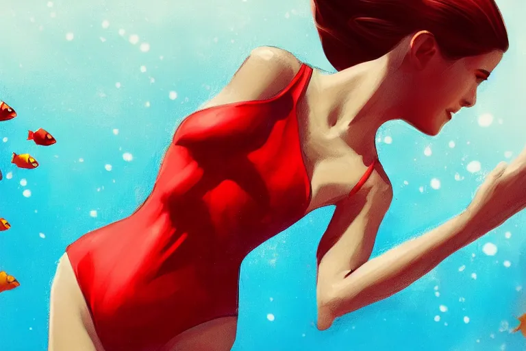 Image similar to fishes swim around woman in red swimsuit, highly detailed, smooth, sharp focus, concept art, illustration, beautiful, geometric, trending on artstation, cinematic, artwork by Swanland, Raymond