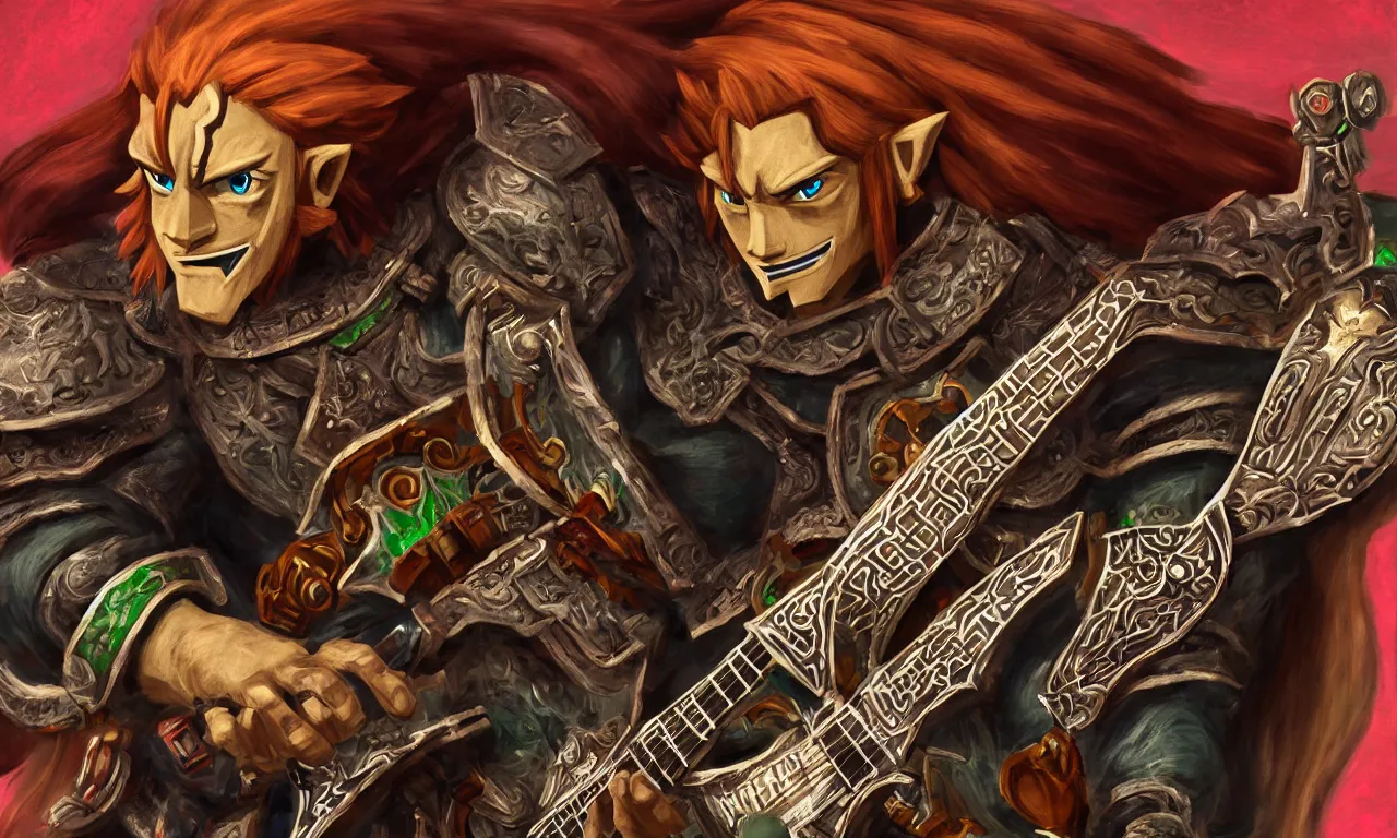 Prompt: ganondorf playing the guitar. intricate details. high resolution.