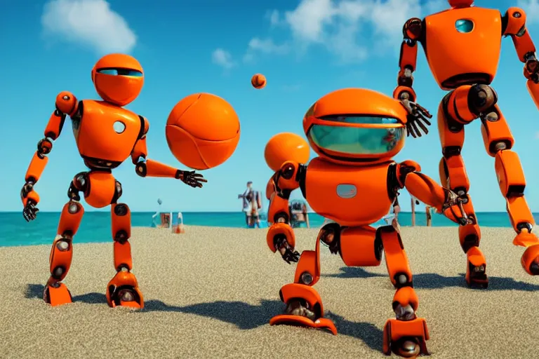 Image similar to Robots holding ball at the beach, sunny day, photorealistic, cinematic framing, 3d render, octane render