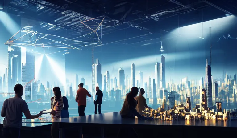 Image similar to group of people in simple warehouse, looking at hologram of futuristic city on a table, cinematic concept art, godrays, golden hour, natural sunlight, 4 k, clear details, tabletop model buildings, center model buildings, hologram center, crane shot, crane shot, crane shot