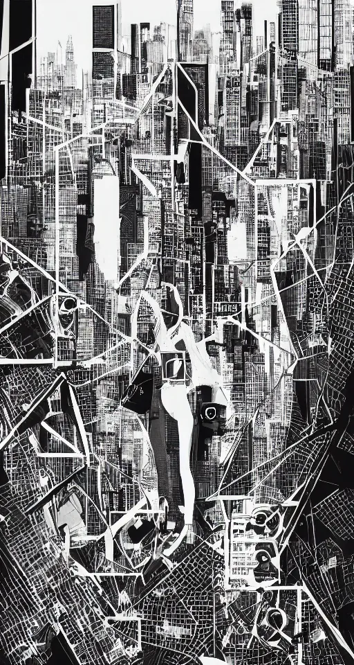 Image similar to cypherpunk fashion illustration, camera face, city street background with high tall buildings, central park, abstract landscape, diane arbus, highly detailed, finely detailed, shadows realism