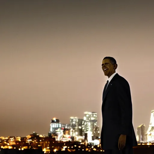 Image similar to a still of Barak Obama. Shallow depth of field. City at night in background, lights, colors ,studio lighting, mood, 4K. Profession photography