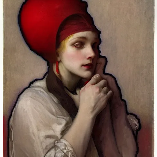 Prompt: A portrait of an evil sorecerer with a red hat by Aphonse Mucha, high detail, 8k