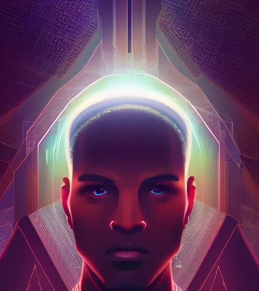 Image similar to symmetry!! egyptian prince of technology, solid cube of light, hard edges, product render retro - futuristic poster scifi, lasers and neon circuits, brown skin man egyptian prince, intricate, elegant, highly detailed, digital painting, artstation, concept art, smooth, sharp focus, illustration, dreamlike, art by artgerm