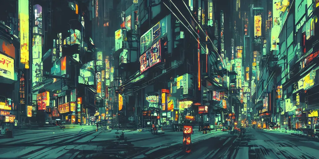 Prompt: painting, yoji shinakawa, studio gainax, neo-noir cyberpunk city, dynamic perspective, wires, street