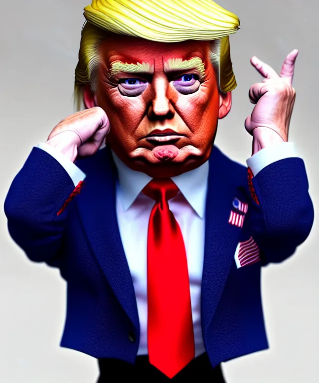 Image similar to hyperrealistic 3d model of Donald Trump as a doll, 8k octane beautifully detailed render, post-processing, extremely hyperdetailed, intricate, epic composition, cinematic lighting + masterpiece, trending on artstation, very very detailed, masterpiece, stunning