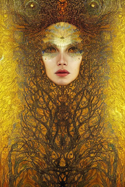 Prompt: Tree of Life by Karol Bak, Jean Deville, Gustav Klimt, and Vincent Van Gogh, Surreality, radiant halo, jeweled leaves, otherworldly, enigma, fractal structures, celestial, arcane, ornate gilded medieval icon, third eye, spirals