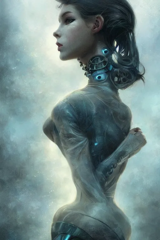 Prompt: By Tom Bagshaw, Abstract tech, a very beautiful steampunk female in bodysuit, ruins by night, symmetric body features proportions, horror, volumetric clouds and fog, focus, detailed, realistic eyes looking at camera, symmetric body features proportions, golden ratio, intricate details, award winning, unreal render, by Tom Bagshaw