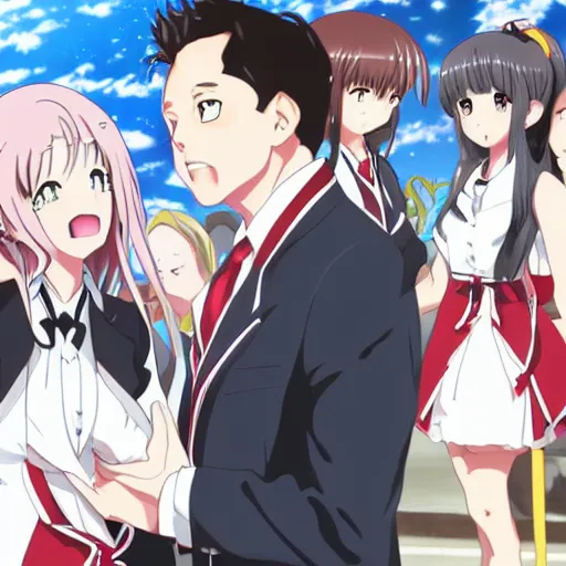 Image similar to anime key visual of Elon musk smugly looking at anime waifus, pixiv