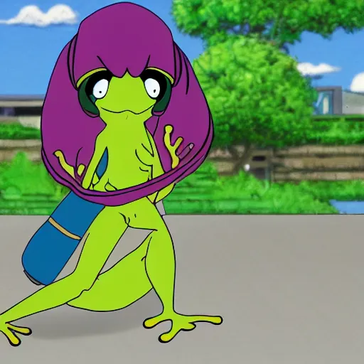 Image similar to frog running late for school, anime screenshot, shonen