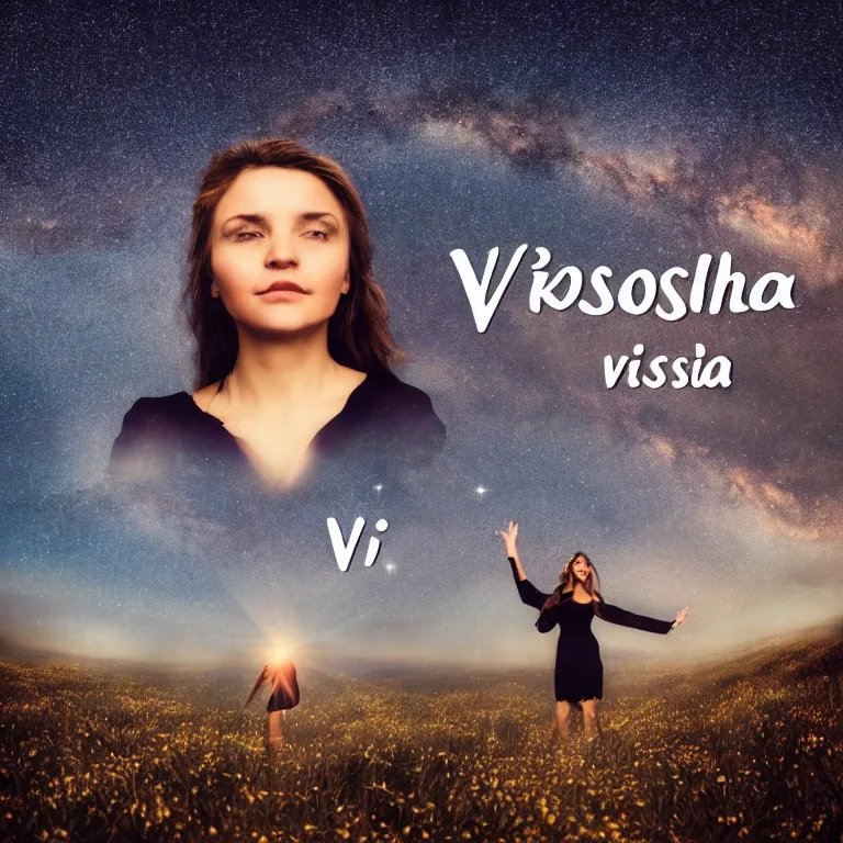 Image similar to album cover!, with text'kosmichna vystava ', a beautiful landscape of a starry sky with an beautiful woman waving to the horizon, cinematic, dramatic, photojournalism, highly detailed