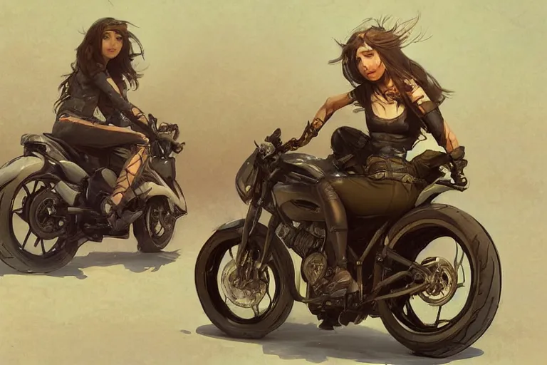 Prompt: a girl is riding a motorbike, digital painting, artstation,concept art, sharp focus, illustration, art by Krenz Cushart and Artem Demura and alphonse mucha
