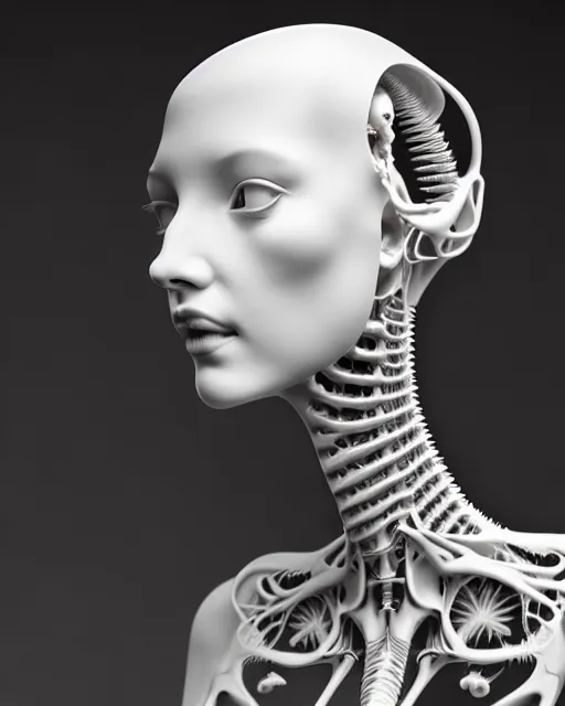 Image similar to dreamy foggy elegant soft luminous bw profile face portrait 3 d render, beautiful young biomechanical - porcelain - female - cyborg with a delicate detailed mandelbrot fractal texture skin and a very long neck with gothic pearl embroidered collar, halo, white smoke atmosphere, rim light, hg giger, 8 k