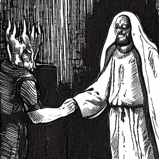 Image similar to A lizard person shaking hands with a religious icon, horror, black metal