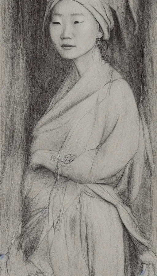 Prompt: model yoon young as the high priestess, by rembrandt, black and white graphite drawing, smooth render, 3 / 4 view