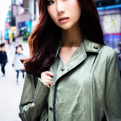 Image similar to beautiful asian female model on streets of tokyo, detailed face, posing in futuristic fashion, wide shot