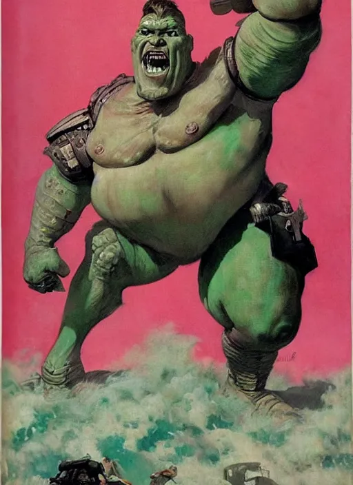 Prompt: 5 0 s pulp scifi fantasy illustration full body portrait martyn ford as huge monstrous armoured giant, pink and green, by norman rockwell, roberto ferri, daniel gerhartz, edd cartier, jack kirby, howard v brown, ruan jia, tom lovell, frank r paul, jacob collins, dean cornwell, astounding stories, amazing, fantasy, other worlds