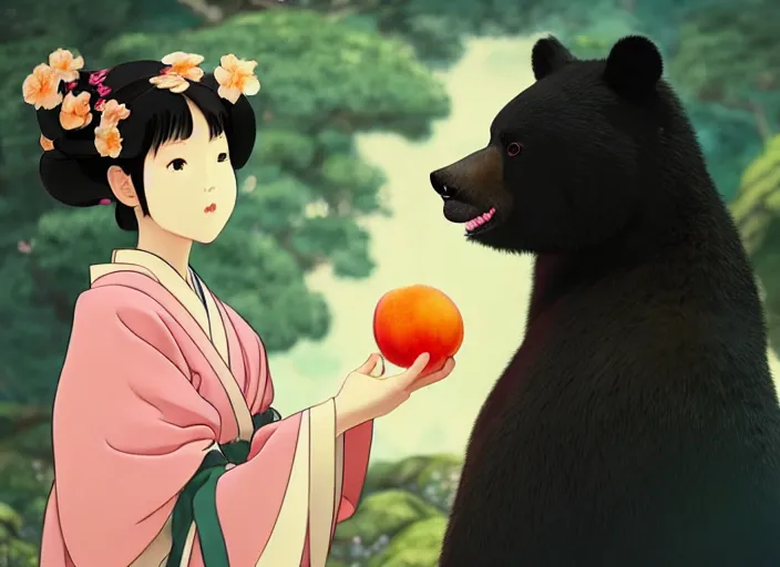 Image similar to a girl wearing a kimono giving a peach to a large anthropomorphic asian black bear, featured in artstation, artgerm, octane render, award winning, cinematic, elegant, intricate, 8 k, close up, in the style of studio ghibli and heikala and alphonse mucha and timothy kong and laia lopez and viorie,