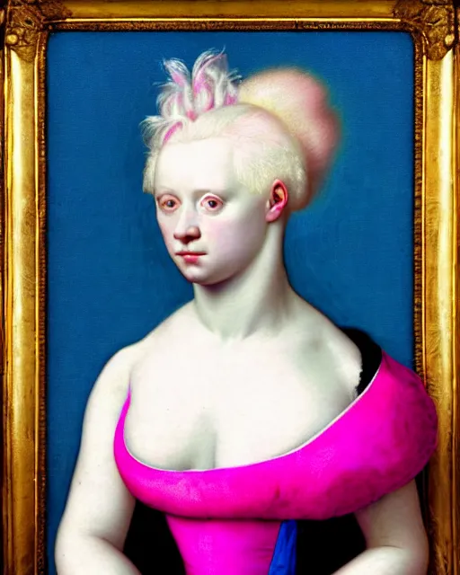 Image similar to photo-realistic portrait of an albino woman with pink hair, wearing a neon blue dress by Vivienne Westwood, intricate details, masterpiece, in the style of Jean Auguste Dominique Ingres, black background