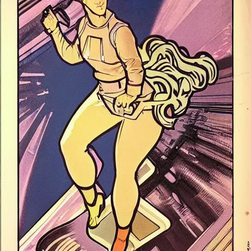 Image similar to a stoic heroic butch tomboy dirty injured blonde emotionless woman engineer, with very short slicked - back hair. she is dressed as a spaceship mechanic. well composed, clean elegant painting, beautiful detailed face. comic book art by steve ditko and jack kirby and ( alphonse mucha )