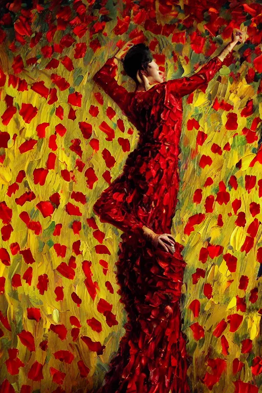 Image similar to abstract oil painting of spanish flamenco dancer in mallorca wearing a red dress made of flowers that's on fire, dimly lit by candles on the ground, looking away, dark shadows, photo realistic, extreme detail skin, no filter, slr, 4 k, high definition