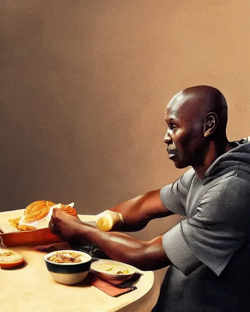 Image similar to micheal jordan eating at panera bread, hyper realistic, ambient lighting, concept art, intricate, hyper detailed, smooth, volumetric lighting, octane