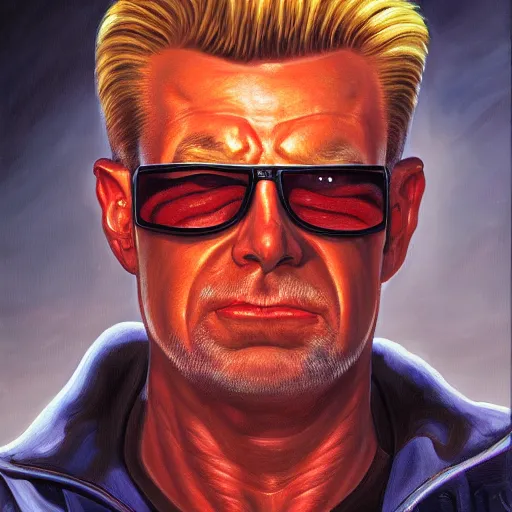 Image similar to portrait painting of duke nukem, art by larry elmore, 4 k,, highly detailed, epic lighting