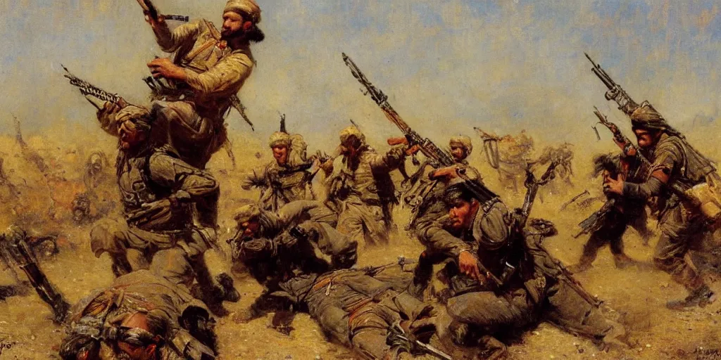 Prompt: afghan modern warfare, battalion, painted by gaston bussiere