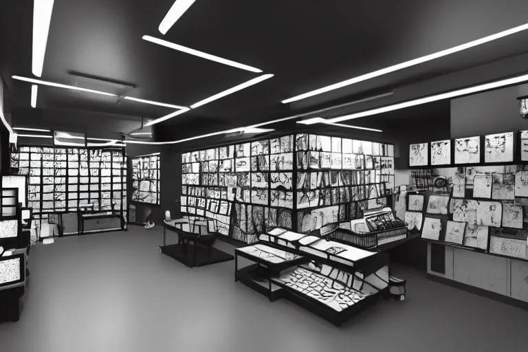 Prompt: still photo of a japanese street anime shop, black and white color aesthetic, highly detailed, photorealistic portrait, bright studio setting, studio lighting, crisp quality and light reflections, unreal engine 5 quality render