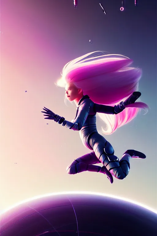 Image similar to android women jumping, scifi, futuristic design, bae suzy, long white hair, character design, cinematic lighting, highly detailed, by beeple, goro fujita, smooth gradient.