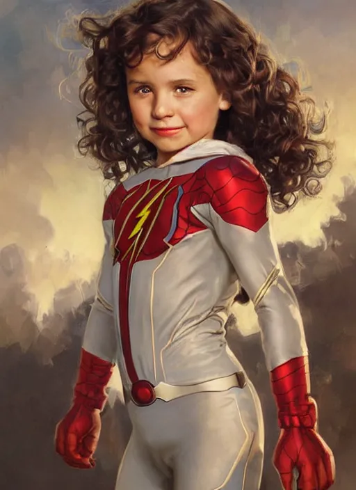 Image similar to a little girl with a mischievous face and light brown curly wavy hair. she is dressed as captain america, spiderman, batman, the flash, captain marvel, wonder woman, a superhero. clean elegant painting, beautiful detailed face. by artgerm and greg rutkowski and alphonse mucha