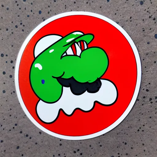 Image similar to die cut sticker, yoshi wearing mario's mustache, splatter paint