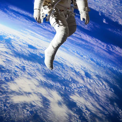 Image similar to photograph of an astronaut in space, singular light source from below, earth only visible below, full body photo, amazing light and shadow contrast, 8 k