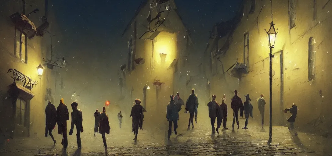 Prompt: a painting of a group of people walking down an old cobbled street at night with street lamps and houses, by Sergey Kolesov, Stanley Artgermm, Tom Bagshaw, Greg Rutkowski, Carne Griffiths, trending on Artstation, 8k, masterpiece, graffiti paint, dishonored, fine detail, full of color, intricate detail