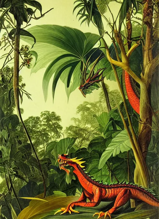 Image similar to vintage dragon in a tropical forest, john james audubon