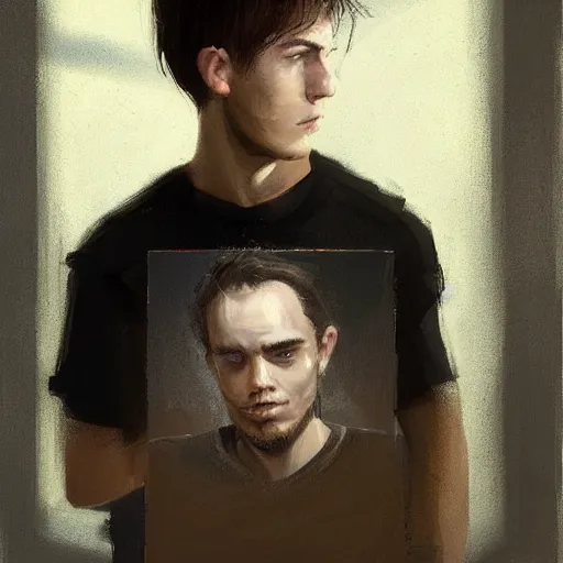 Prompt: Portrait of a man by Greg Rutkowski, he is about 20 years old, mixture between french and spanish, short brown hair with bangs, manly, attractive, wide forehead, sturdy, he is horrified but resigned looking at the computer screen knowing the schedule for the second semester, he is wearing a black t-shirt, highly detailed portrait, dystopian, digital painting, artstation, concept art, smooth, sharp foccus ilustration, Artstation HQ