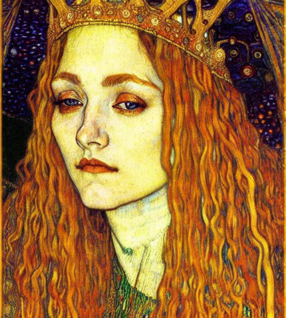 Image similar to detailed realistic beautiful young medieval queen face portrait by jean delville, gustav klimt and vincent van gogh, art nouveau, symbolist, visionary, gothic, pre - raphaelite, muted earthy colors, desaturated