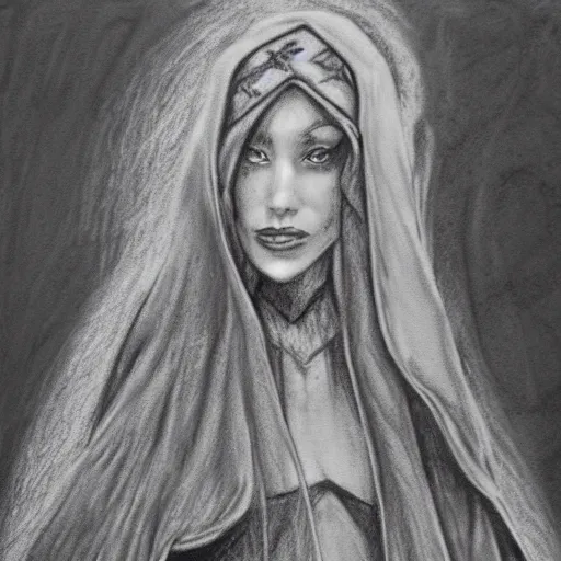 Image similar to charcoal drawing of a elvish priestess