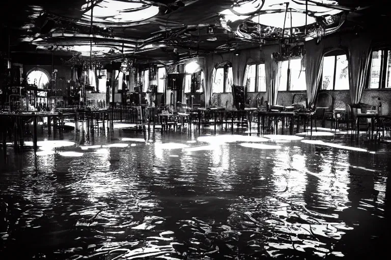 Image similar to steampunk ballroom flooding, filling up with water, black and white photograph