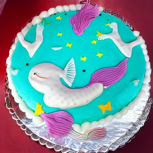 Image similar to mermaid themed birthday cake, food photography, made of meat,