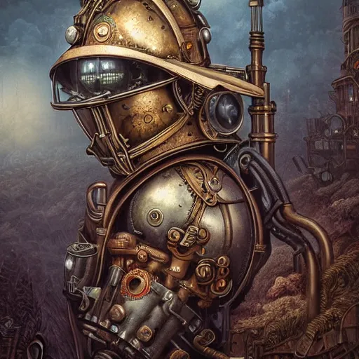 Prompt: dan mumford tom bagshaw, dream world curiosities carnival, photorealistic soft paint of a single very beautiful helmet full long steampunk armored, ultra deep fog, partial symmetry accurate features, focus, very intricate ultrafine details, award winning masterpiece, steampunk world