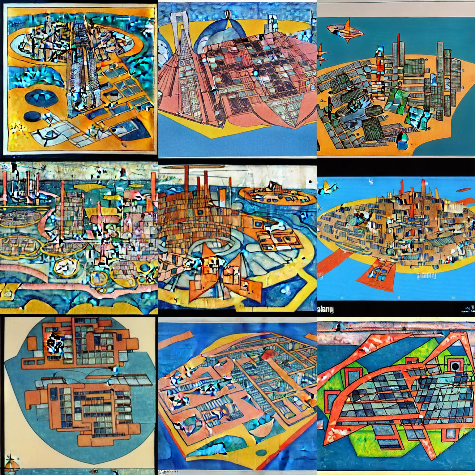 Prompt: a map of a futuristic city located in an island surrounded by water with a few flying ships stationed around it, in the style of diego rivera schiele, full color, exploded view