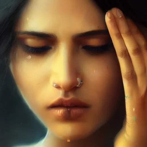 Prompt: Stunning portrait of Beautiful Indian womans face with her hands covering her eyes. Soft render, Greg Rutkowski details, Tears pouring down from her eyes, music album cover, artstation, pixivi