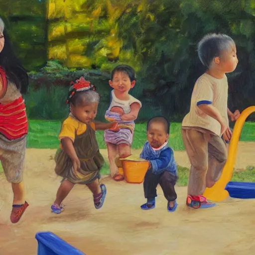 Image similar to an ethnically diverse group of toddlers. white. asian. hispanic. african. playing on a playground. oil on canvas exquisite. smooth. sharp focus. award winning. 8 k