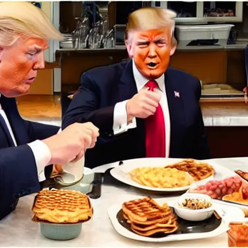 Image similar to photograph of trump and Biden sitting and eating breakfast at a Wafflehouse