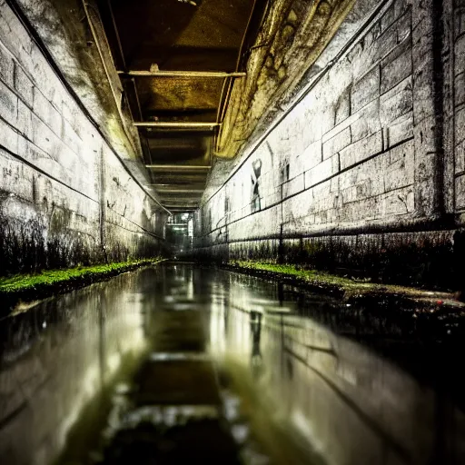 Image similar to down in the sewers of london, dark damp atmosphere, water dripping from the moss covered ceiling