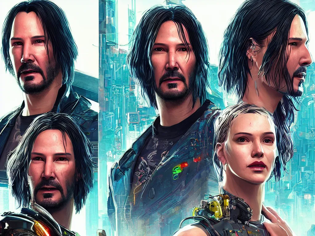 Prompt: a cyberpunk 2077 srcreenshot couple portrait of a Keanu Reeves and a female android final kiss,love,film lighting,by Laurie Greasley,Lawrence Alma-Tadema,Dan Mumford,John Wick,Speed,Replicas,artstation,deviantart,FAN ART,full of color,Digital painting,face enhance,highly detailed,8K,octane,golden ratio,cinematic lighting